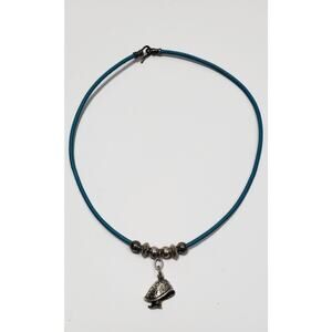 Sterling Silver Mushroom Blue Leather Cord Choker Necklace 13.75 in.